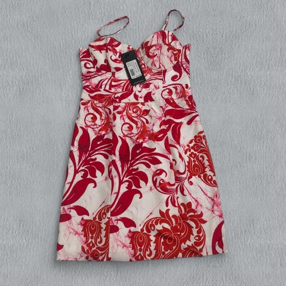 NWT Marciano Batik Scroll Pencil Dress 0 Womens Red White Floral Design Back Zip